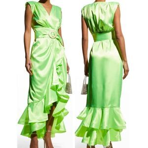 BRONX and BANCO Neon Green Lika Belted Asymmetric Ruffle Wrap Dress Size…